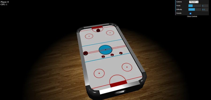 Air Hockey 3D on this site a few seconds after loading, with several pucks on the table, the CPU one goal up and the settings panel open in the corner