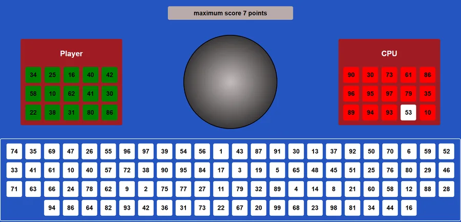 A finished Computer Bingo match on this site: all 15 Player numbers covered in green, the CPU card one number short, and the drawn balls listed below