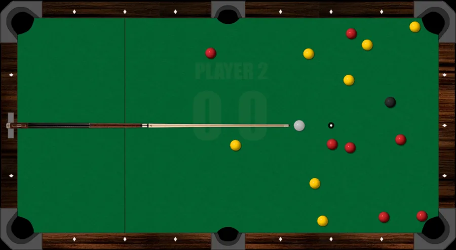 8 Ball Pool table on this site right after the break, red and yellow balls spread out, none pocketed, and Player 2's turn shown