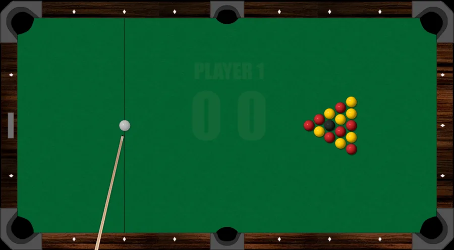 The starting rack on this site: seven red and seven yellow balls with the black 8-ball in the middle of the triangle, and the cue ball ready to break