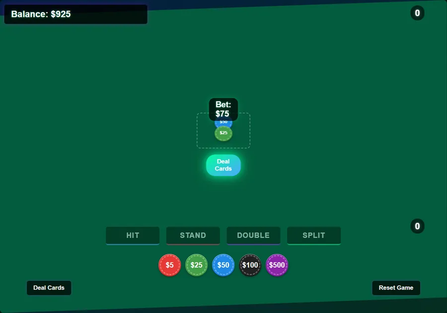 Blackjack table on this site with a 50 and a 25 chip in the betting circle for a 75 dollar bet and the balance down to 925 dollars