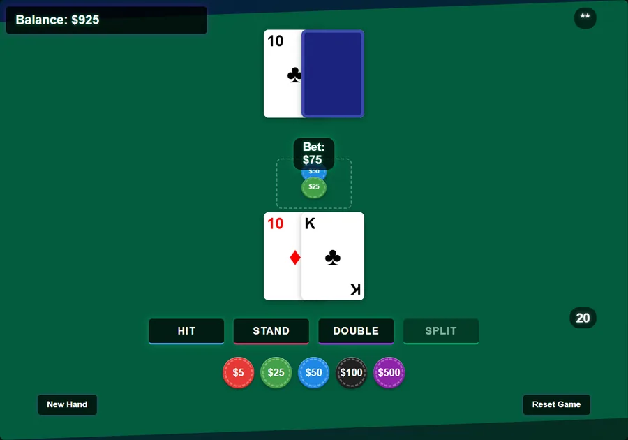 Blackjack hand on this site: the player holds a ten and a king for 20 against the dealer's ten, Split greyed out and Double still available