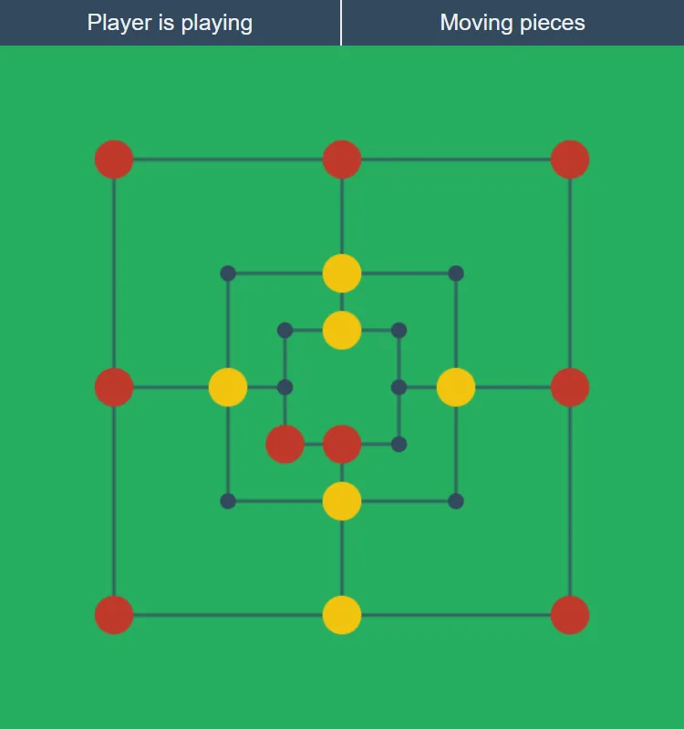 Nine Men's Morris board on this site at the start of the moving phase, the computer's red pieces holding three completed mills on the outer square
