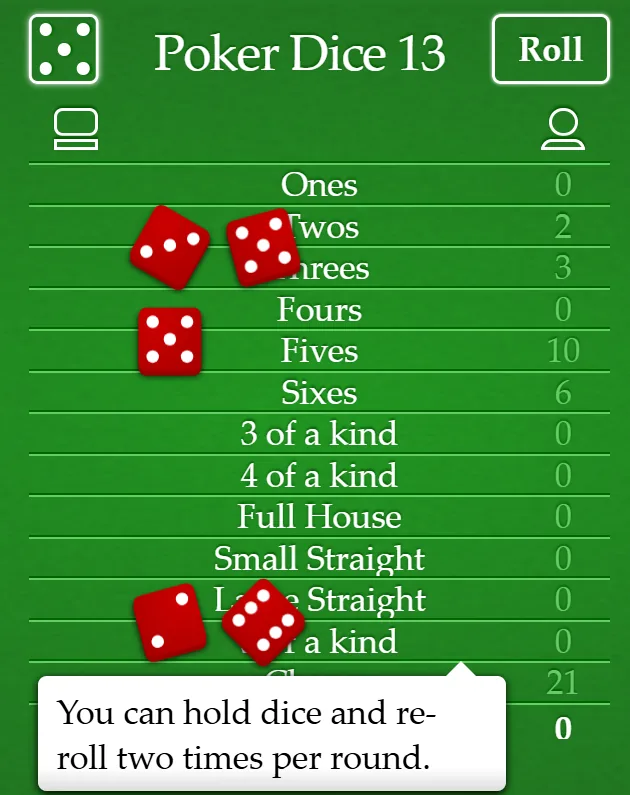 Poker Dice on this site after the first roll, five ordinary six-sided dice showing 2, 3, 5, 5 and 6 beside the 13-row scoresheet