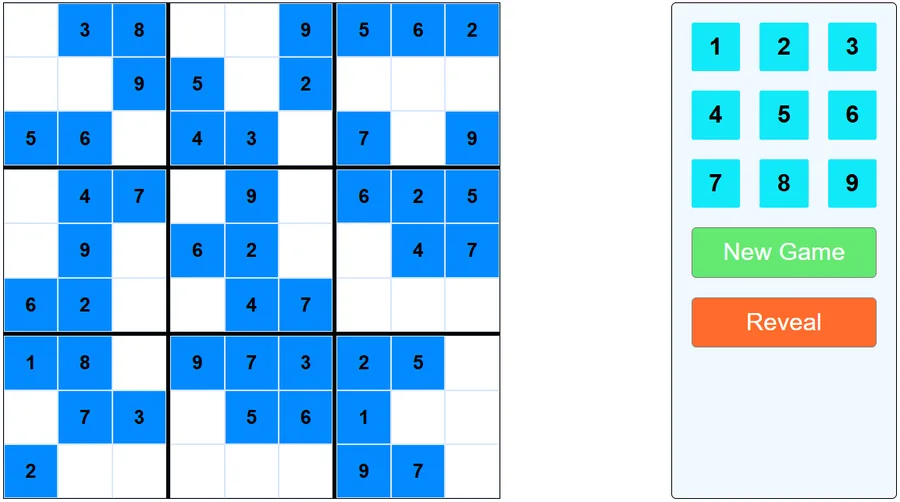 A fresh Sudoku board on this site with 45 blue clues, 36 empty cells, the 1 to 9 keypad and the New Game and Reveal buttons