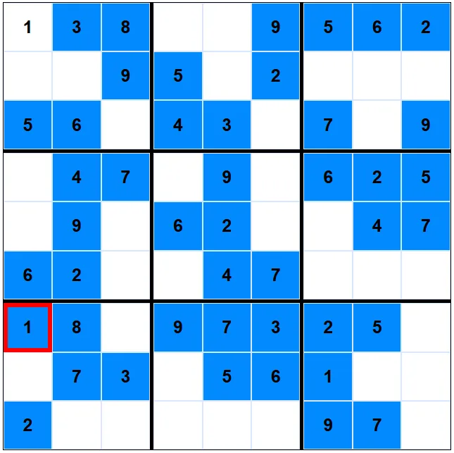 Sudoku board where a 1 placed in the top-left cell makes the game outline the 1 already in the same column in red