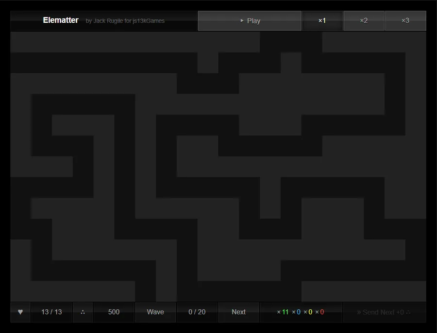 Elematter Tower Defense at the start of a run on this site, showing 13 of 13 lives, 500 fragments, wave 0 of 20 and the fixed path