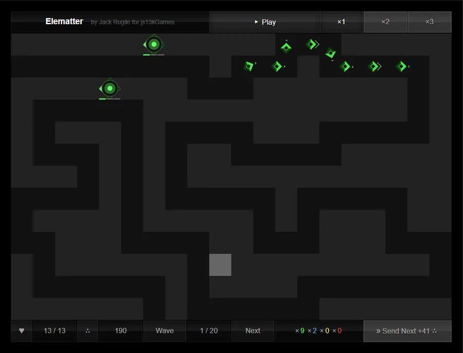 Elematter Tower Defense during wave 1 with two level-1 Earth towers built and the first enemies entering along the path